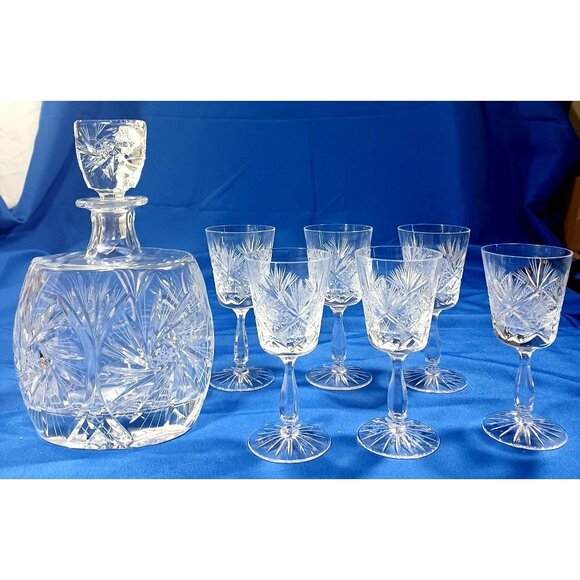 Bohemian Cut Crystal Other - Vtg Bohemian Cut Lead Crystal Decanter 6 Wine Sherry Cordial Glasses Set